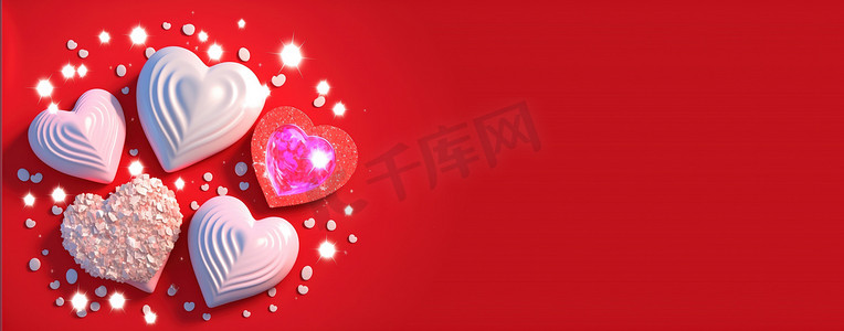 周年促销活动海报摄影照片_情人节促销横幅和背景的心形水晶钻石情人节 3D 插图