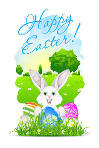 带风景、兔子和装饰彩蛋的复活节贺卡