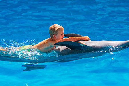 鲸鱼尾巴摄影照片_在海豚馆与海豚一起游泳的快乐小男孩