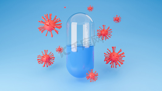 红色冠状病毒或 covid-19 围绕着蓝色背景的药丸胶囊。抑制疾病爆发和医疗技术。3d 模型和插图。