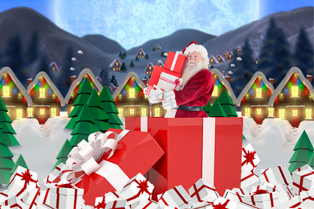 圣诞老人站在大礼物中的合成图像