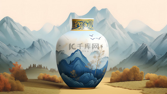 中国风青花瓷瓷器山水背景