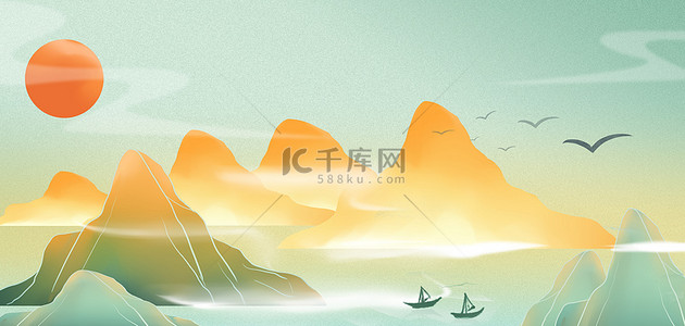 中国风国潮山水浅绿色国潮海报背景