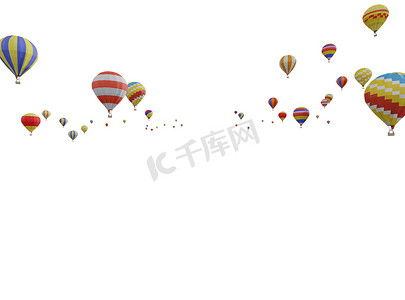 一组五颜六色的热气球漂浮在白色背景上。 