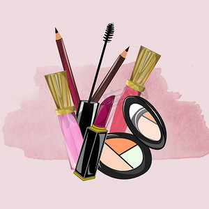 粉红色水彩背景上的化妆品系列