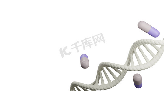 白色 DNA 结构摘要和药丸药物在白色背景下分离，3D 渲染。