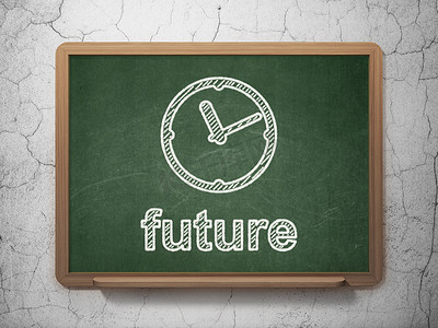 时间概念： 黑板背景上的时钟和未来