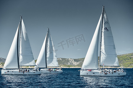 克罗地亚，亚得里亚海，2019 年 9 月 18 日：帆船参加帆船赛、帆船比赛、水上帆的倒影、船数在船尾、岛屿在背景、天气晴朗