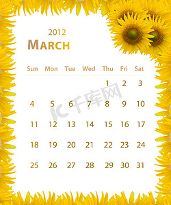 星期四日历摄影照片_2012 年日历，3 月与向日葵框架设计