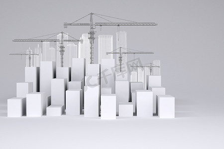 带有线框建筑和塔式起重机的极简主义白色立方体城市