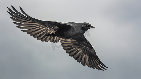一只黑鸟在灰色的天空中飞翔
