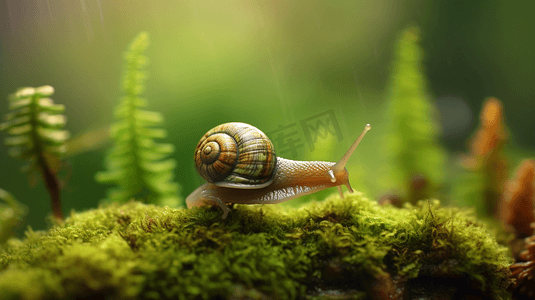 地面长图摄影照片_一只蜗牛正坐在长满苔藓的地面上