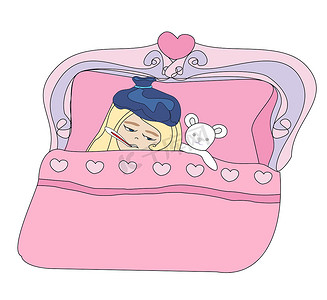 女孩卡通摄影照片_生病的女孩躺在床上的插图
