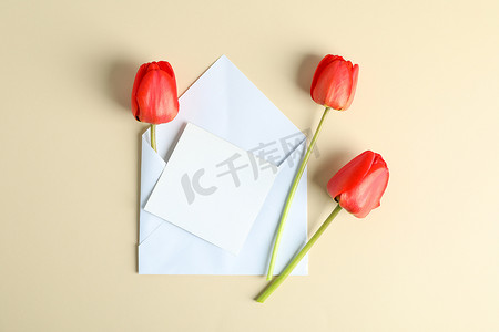 带有文本空间的信封和彩色背景上美丽的红色郁金香，顶视图
