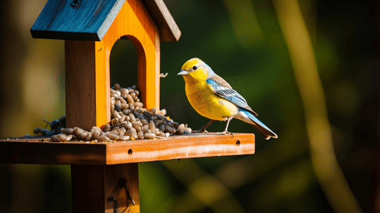 黄蓝相接摄影照片_一只黄蓝相间的鸟坐在木制喂鸟器的顶部