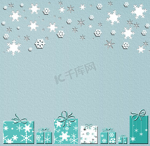 圣诞背景与礼品盒和闪亮的银色雪花。