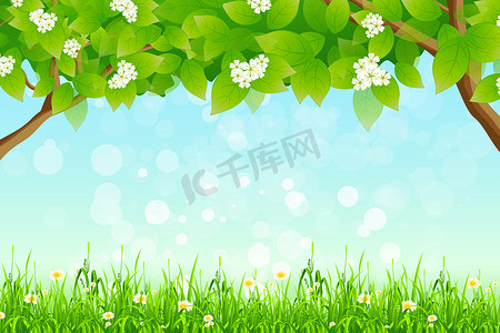 绿色背景与树枝和草