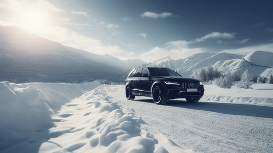 白天在积雪覆盖的道路上行驶的黑色汽车