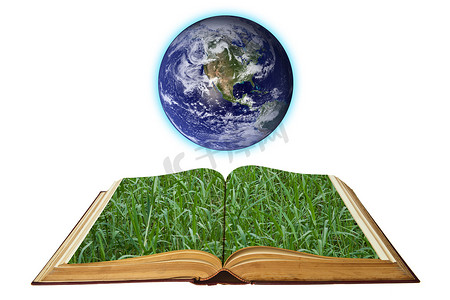 绿色书籍背景摄影照片_打开与地球隔离在白色背景上的旧书