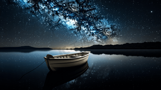 星夜摄影照片_星夜下水面上的白色小船