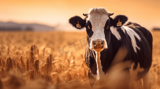 白天棕色草地上的黑白相间的奶牛