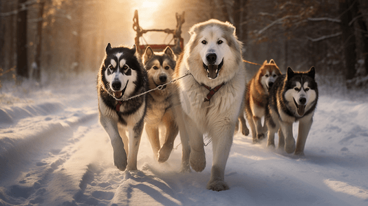 一群狗摄影照片_一群狗拉着雪橇穿过雪地