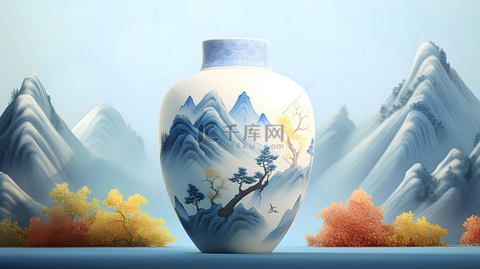 中国风青花瓷瓷器山水背景