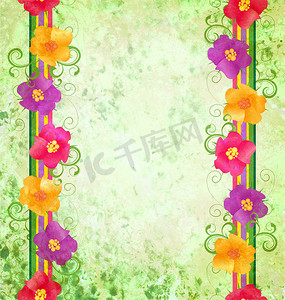花朵边框设计边框摄影照片_绿色背景上的五颜六色的花朵边框春天自然垃圾