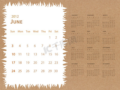 2012 年 6 月日历与回收纸背景