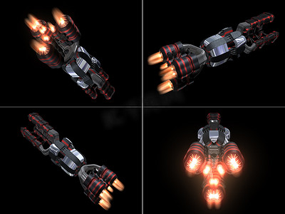 黑色和红色太空飞船的四个后视图