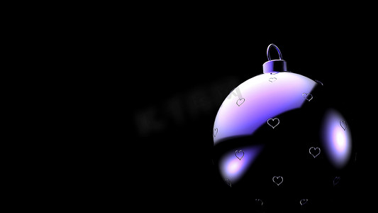 黑色背景上带有心形图案的圣诞紫球，圣诞树的彩色圣诞球，3d 渲染图，圣诞假期卡背景，情人节爱情卡通围巾
