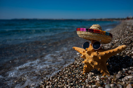 海边卵石滩上戴着宽边帽和太阳镜的海星。