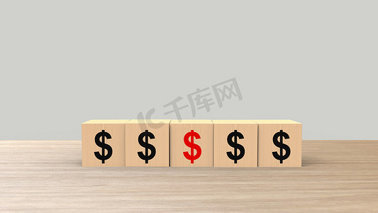 $ 美元符号符号词木制立方体在桌子上水平灰色光背景高清，模型，模板，带有文本复制空间的横幅，风险管理业务财务。