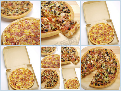四种不同全尺寸比萨饼图像的拼贴