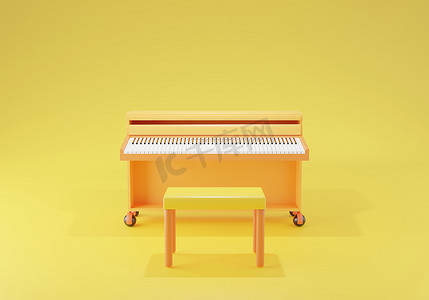 黄色背景上黄色椅子的 3D 渲染钢琴色彩缤纷，现场音乐演奏音乐会概念