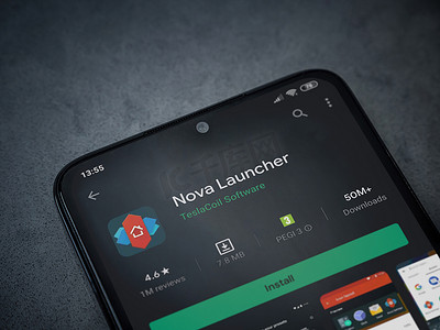 播放器页面摄影照片_Nova Launcher 应用程序在黑色 mobi 的显示屏上播放商店页面