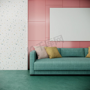 空白相框模拟现代色彩缤纷的客厅室内设计，粉色和白色墙壁上配有绿色沙发，3D 渲染背景