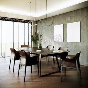 风景摄影照片_现代阁楼餐厅室内设计，灰色墙上的空白画框，向外看风景，3d 渲染背景