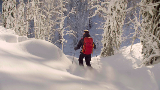 免费北欧摄影照片_一个人在白雪皑皑的森林里骑马下山。