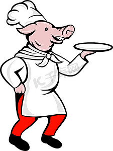 卡通六棱形摄影照片_卡通猪厨师厨师面包师服务拼盘