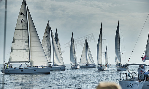 克罗地亚，地中海，2019 年 9 月 18 日：帆船参加帆船赛，船队关掉船，倒影在水面上，白帆，船尾号，紧张的比赛