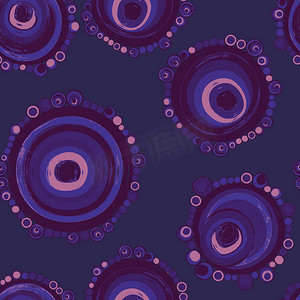 几何无缝图案，纹理与不同尺寸颜色完美接触的嵌套圆圈。重复图案，圆圈充满点。用于纺织品、包装纸、横幅。蓝色上的紫色