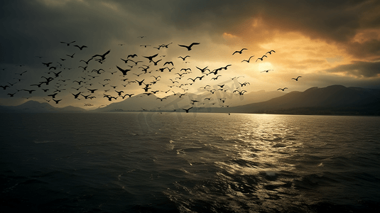 一群鸟摄影照片_一群鸟在一片水域上空飞翔