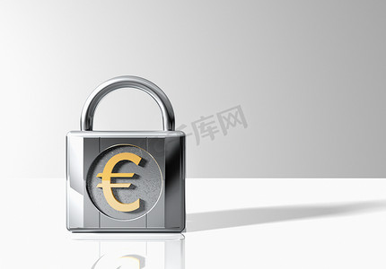 国际商务背景摄影照片_灰色背景上带欧元符号的挂锁