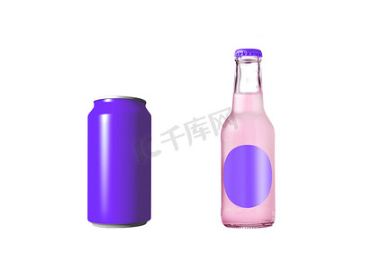 紫罗兰色铝罐，玻璃瓶装苏打水