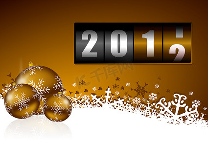 新年金色背景摄影照片_新年背景与圣诞球和柜台