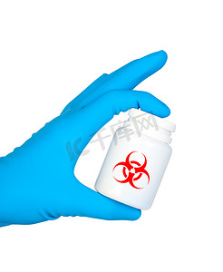 手拿着一罐带有生物危害标志的药剂。