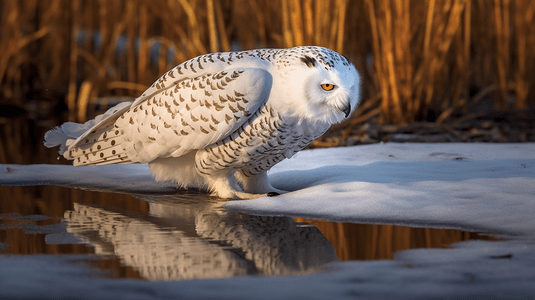 雪摄影照片_一只雪猫头鹰在池塘里喝水