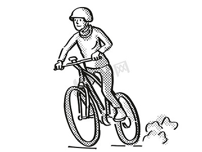 骑电动自行车的女自行车手卡通复古画