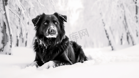 一只黑白相间的狗坐在雪地里